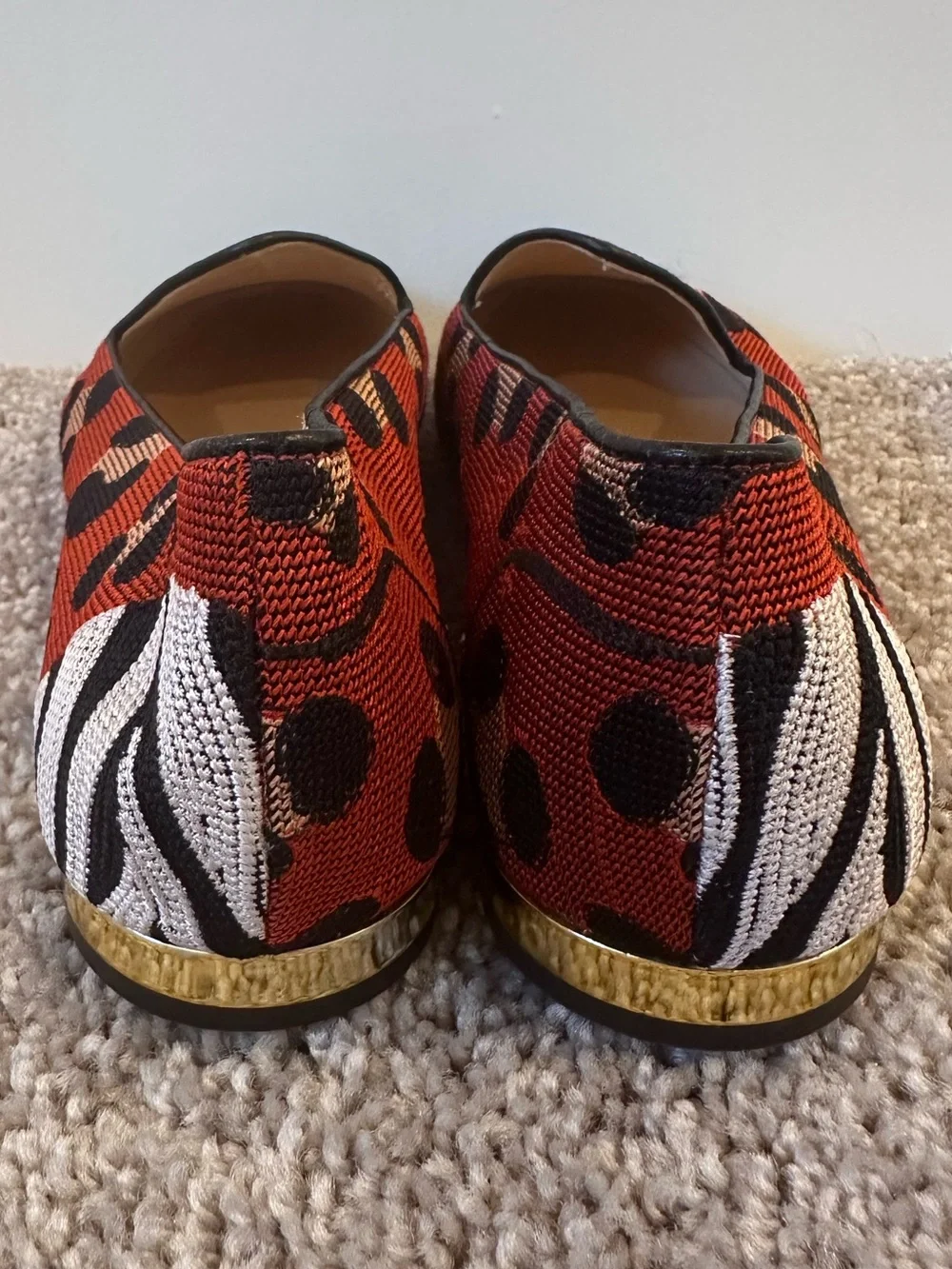 Charlotte Olympia Red, Green and White Zebra Embroidered Slip-Ons